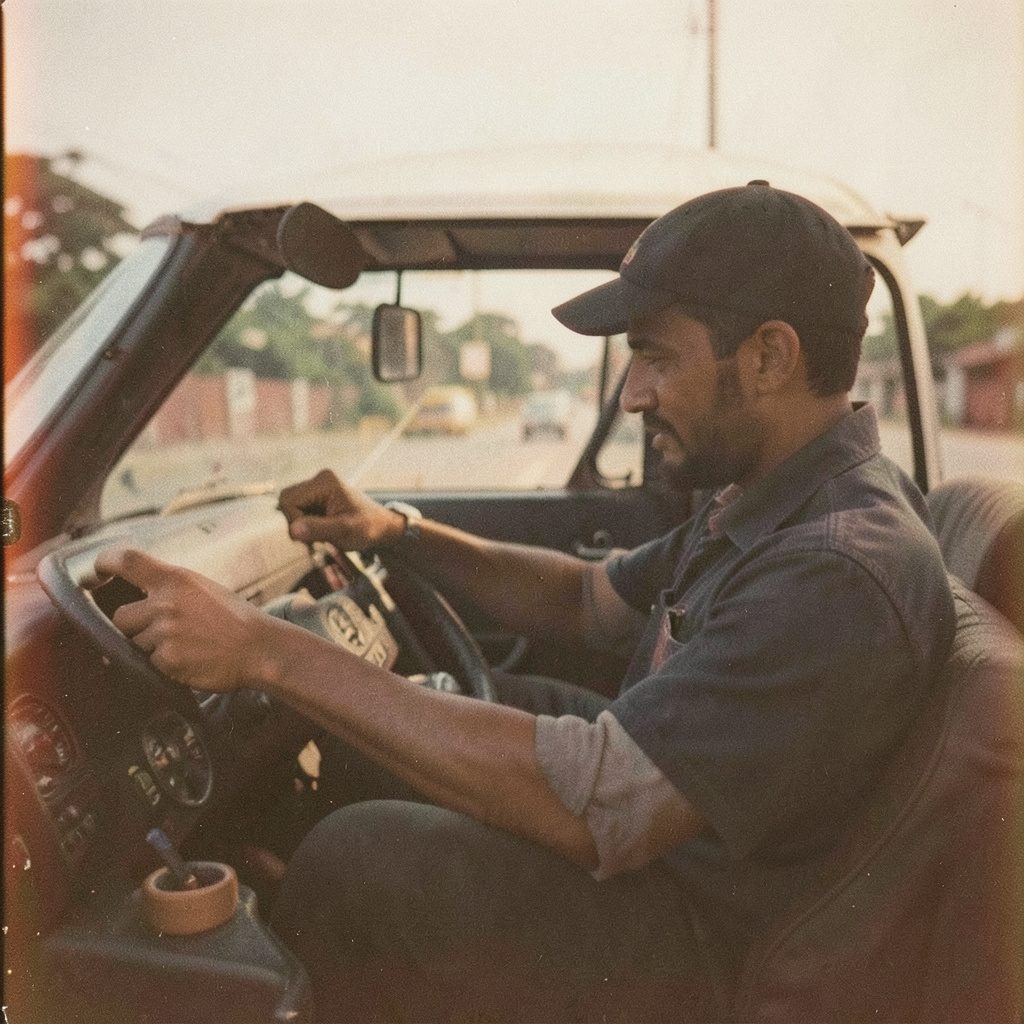 Street scene with a vehicle in Lagos, hazy afternoon light, warm ochre and dusty gray tones