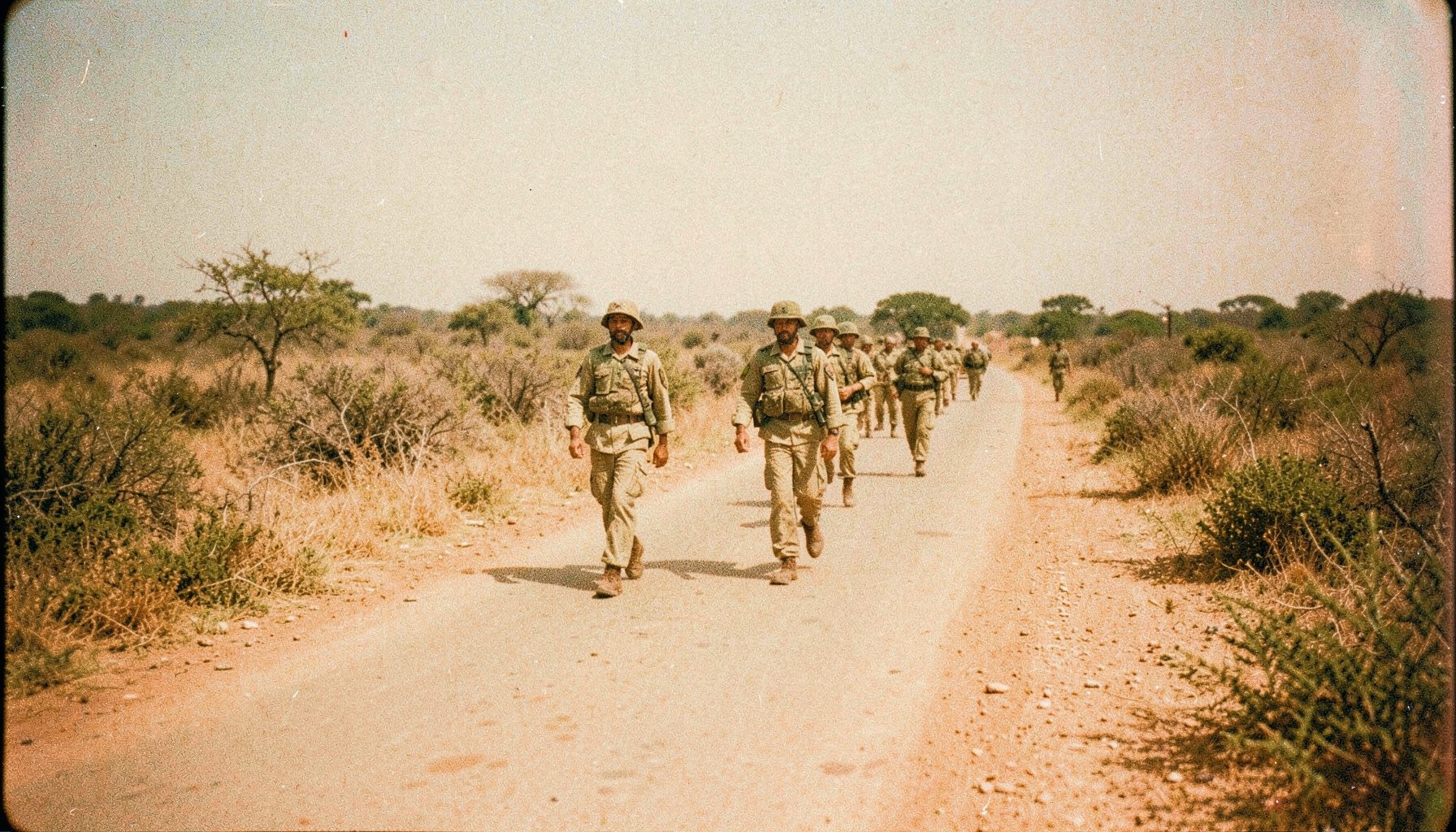 A grainy analog film photograph of military personnel on patrol along a dusty road in Kaduna, khaki uniforms against dry savannah scrub, muted olive and sand tones.