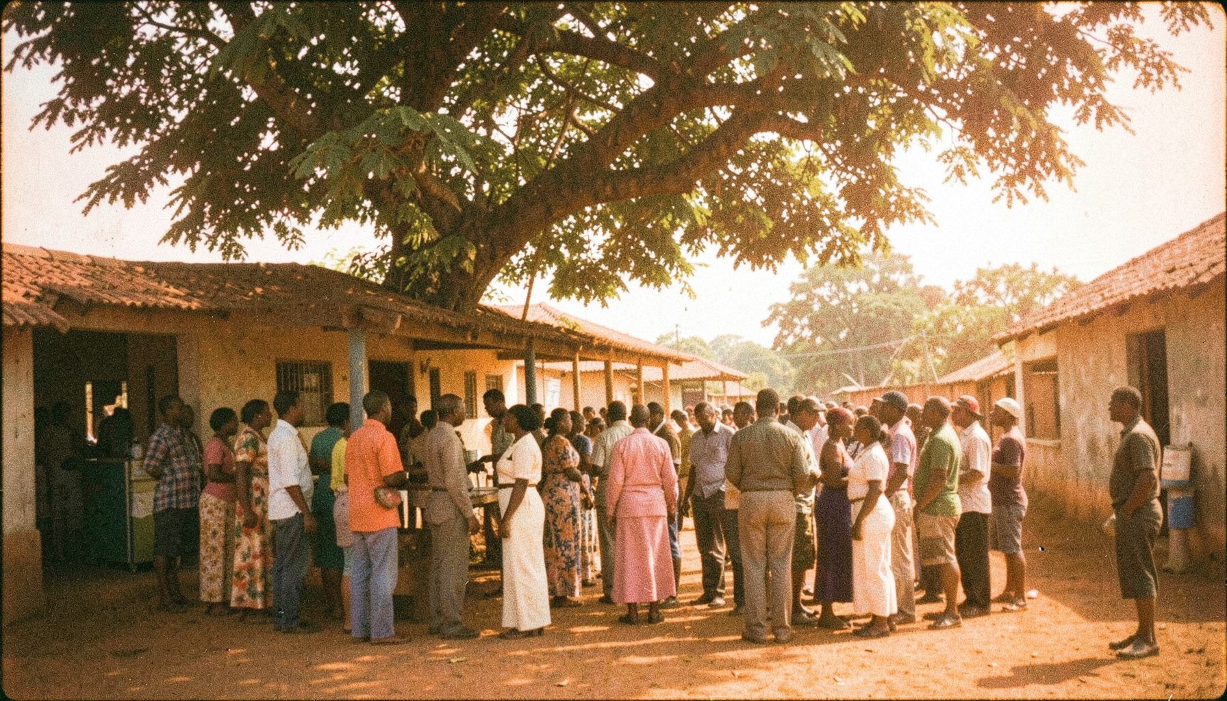 A grainy analog film photograph of a polling station in a rural Nigerian community, people queuing under a large shade tree, warm earth tones and soft midday light.