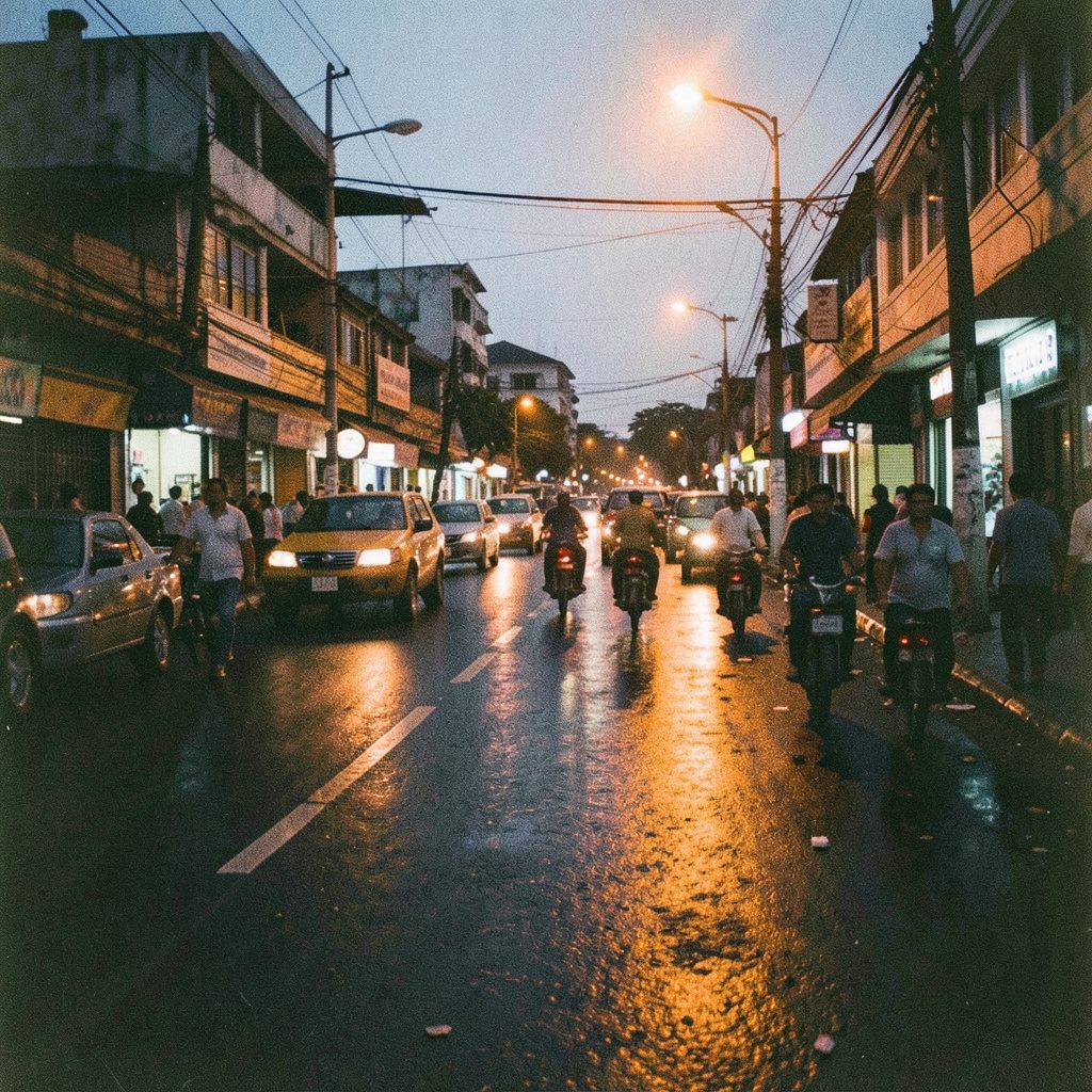 A grainy analog film photograph of a bustling Lagos street scene at dusk, warm amber streetlights reflecting off wet pavement, deep navy shadows, and muted earth tones.